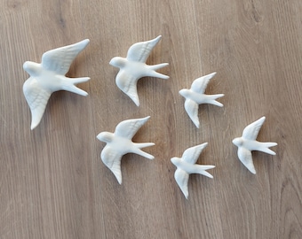 6 Set Ceramic swallow off white, Ceramic birds, Portuguese ceramic swallow, Ceramic Birds Wall Decor, Hand painted ceramic swallows,
