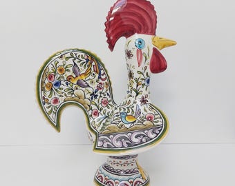 Hand Painted Portuguese Rooster Figurine, Coimbra Ceramic Folk Art