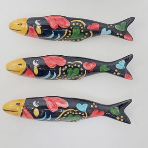 Ceramic sardines set X3, Portuguese ceramic sardines, Hand painted ceramic sardines, Decorative sardines for wall