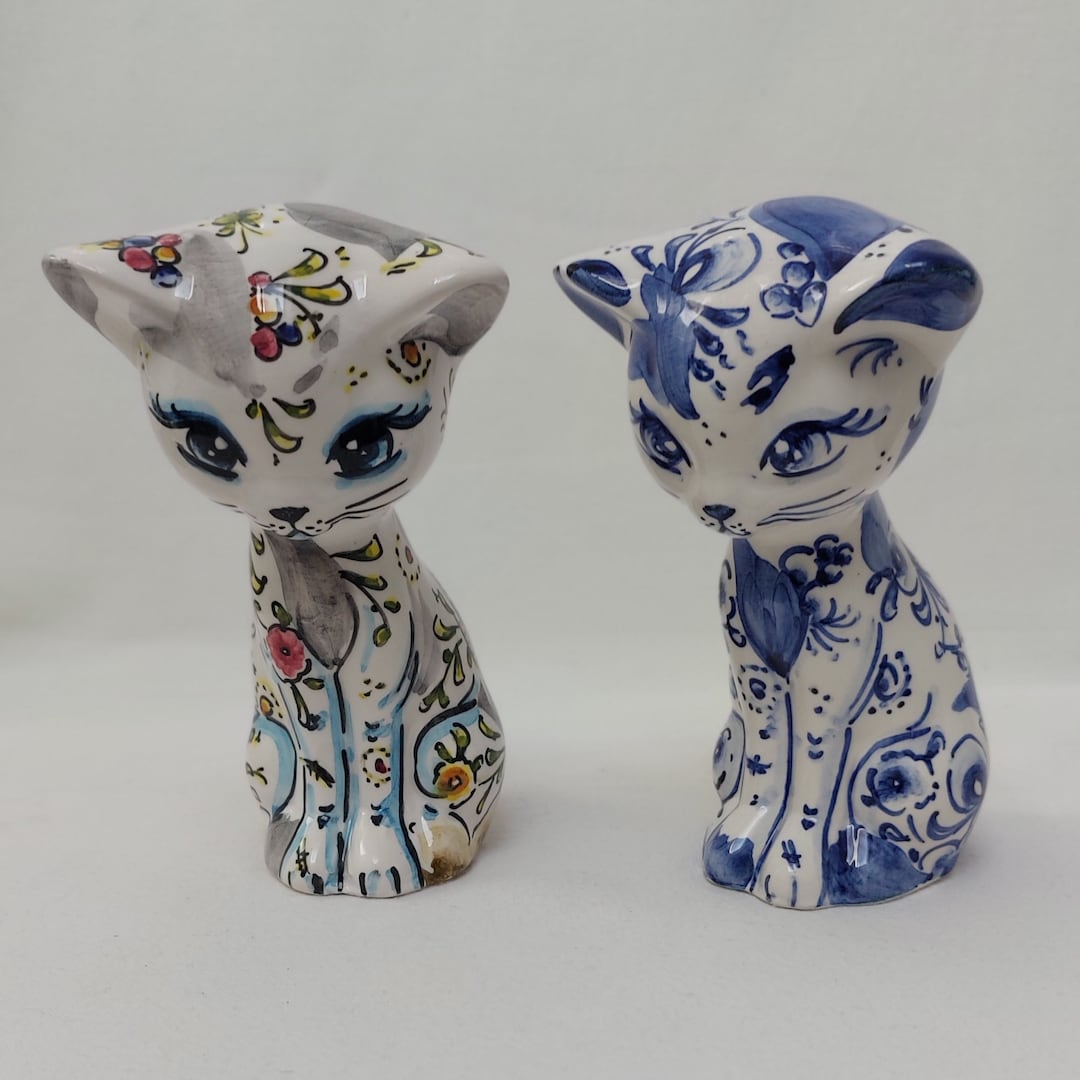 Set X2 Handpainted Ceramic Cat Statue Birthday or Christmas Etsy