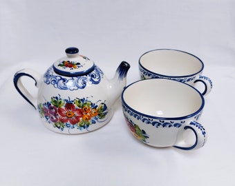 Teekanne Set / Keramik Teekanne / portugiesische Keramik Teekanne / Hand bemalte Keramik Teekanne / Valentinstag Geschenk / Teekanne Set für zwei