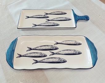 Conjunto de Bandejas Artesanais Portuguesas para Aperitivos de Sardinha em Cerâmica