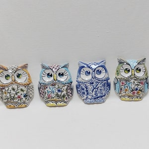 Statua del gufo Set x4 , Gufo dipinto a mano, Regali per lei o per lui, Wall deco, Ceramica portoghese, Ceramica di Coimbra dipinta a mano, Regalo di compleanno