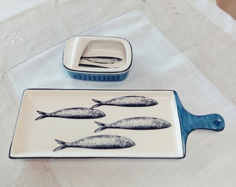 Portuguese ceramic sardines appetizer tray, Ceramic of Portuguese Sardines. Gifts for chefs, Ceramic kitchen snack board, Sardine can