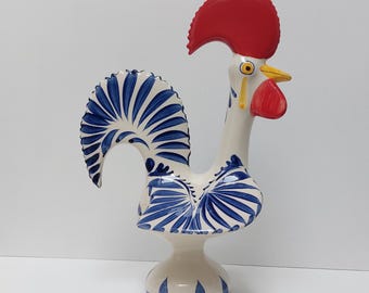 Hand-Painted Ceramic Portuguese Rooster Figurine, White and Blue Cobalt, Size L