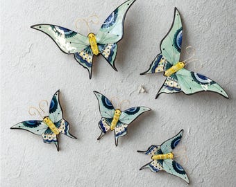 Hand-Painted Ceramic Butterfly Wall Art, 3D Butterfly Mural (Set of 5)