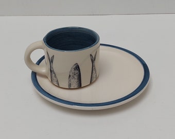 Set mug + saucer ceramic,  Coffee cup with saucer. Set of hand-painted Portuguese ceramic cup for coffee. Portuguese Gifts Handmade