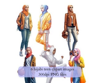 Imágenes prediseñadas de chicas con hiyab, 6 archivos PNG de adolescentes musulmanas que llevan hiyab.