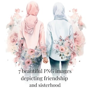 7 AI-gegenereerde moslimvrouwen in hijab-afbeeldingen die zusterschap, vriendschap en steun weergeven. Hijabi Muslimah ziel zusters.