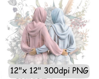Mejores amigas musulmanas con hiyab (imagen PNG), imagen floral de hermandad (12x12 300 ppp)