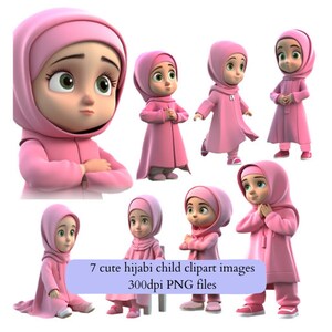 May include: Seven cute cartoon images of a child wearing a pink hijab and matching outfit. The images are in various poses, with the text "7 cute hijabi child clipart images 300dpi PNG files" in a light purple rectangle.