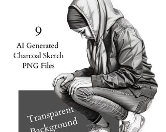 Clip art de dibujo a carboncillo de una adolescente musulmana con hiyab (archivos PNG)