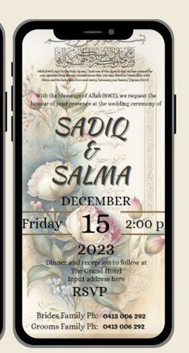 Digital Muslim Wedding Invitation Template, Beautiful, Floral Invite