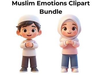 Paquete de imágenes prediseñadas de emociones musulmanas: conjunto de imágenes PNG de una chica con hiyab y un chico con kufi (36 imágenes)