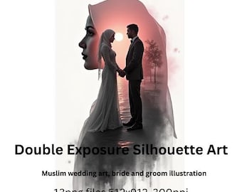 Arte de silueta de doble exposición, escena de novios, impresión digital de arte islámico