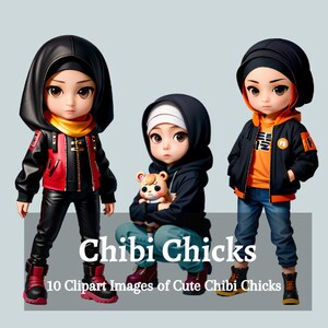 10 Cute Hijabi Chibi Chicks, PNG clipart 300dpi, transparent backgrounds.