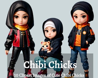 Imágenes prediseñadas de pollitos chibi con hiyab, 10 archivos PNG (descarga digital)