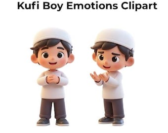 Imágenes prediseñadas de emociones de niños con kufi / Sentimientos de niños musulmanes PNG / Decoración para el aula de aprendizaje socioemocional (20 PNG)