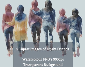 Imágenes prediseñadas en acuarela de amigas con hiyab, imágenes PNG (300 ppp)