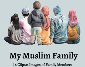 Imágenes prediseñadas de una familia musulmana, personajes con hiyab, 16 imágenes PNG (descarga digital)