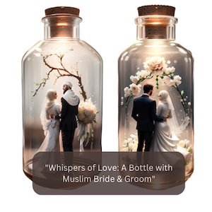 Susurros de amor: una botella con la novia y el novio musulmanes, 2 archivos PNG de 300 ppp absolutamente hermosos