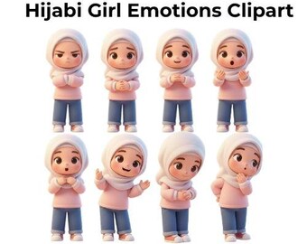 Imágenes prediseñadas de emociones de niñas con hiyab / Sentimientos de niños musulmanes en formato PNG (18 archivos)