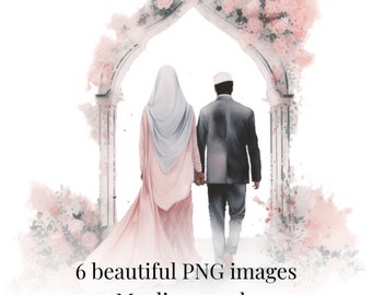 Imágenes prediseñadas de pareja musulmana en acuarela, invitación de boda en formato PNG (descarga digital)