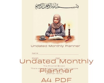 Planificador mensual imprimible sin fecha, islámico, tamaño A4, para productividad y establecimiento de objetivos.