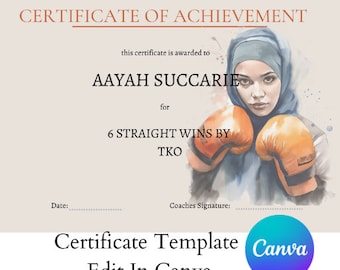 Hijabi Boxing, MMA, plantilla de certificado de entrenamiento, certificado de deporte femenino musulmán, editar con Canva.