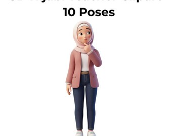 Imágenes prediseñadas 3D de profesora con hiyab / 10 poses, paquete de personajes musulmanes (PNG)