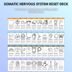 May include: A deck of 40 printable cards for anxiety, trauma, and stress relief. The cards feature illustrations and instructions for various somatic exercises. The deck is titled "Somatic Nervous System Reset Deck".