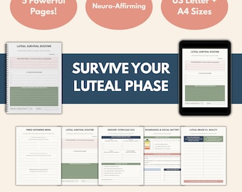 May include: A digital planner with the text "Survive Your Luteal Phase" and "The Audhd & Pmdd Survival Kit." The image includes several pages, a tablet displaying a page, and text bubbles that say "5 Powerful Pages!", "Neuro-Affirming", and "US Letter + A4 Sizes."