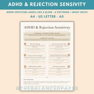 May include: A digital educational print titled ADHD & Rejection Sensitivity, detailing six patterns of emotional response to criticism. The document includes sections on the science and coping strategies, available in A4, US Letter, and A5 sizes.