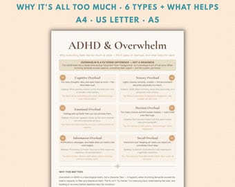 May include: A digital educational print titled ADHD & Overwhelm, detailing six types of overload including cognitive, sensory, emotional, decision, information, and social. The document explains filtering differences and provides strategies for each type.