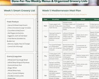 Mediterranean Diet 28 Day Meal Plan, Mediterranean Diet Recipes Guide, Daily Food Journal, Grocery Shopping List, Digital Dietitian PDF