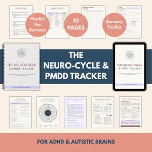 May include: A digital planner titled "The Neuro-Cycle & PMDD Tracker" for ADHD and autistic brains. The image shows a spiral-bound notebook, a tablet, and several worksheets. The planner includes sections to predict burnout and a sensory toolkit.