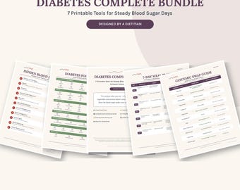 May include: A digital bundle of seven printable documents titled Diabetes Complete Bundle, featuring guides for blood sugar management, including a 7-day meal plan, glycemic swap guide, and food lists with text in dark purple and green accents.