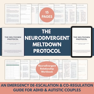Neurodivergent meltdown-protokoll, ADHD Autism Parterapi Journal, Kommunikationsguide, Konfliktlösning PDF, AuDHD Relation