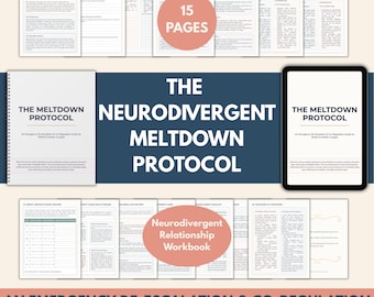 May include: A guide titled "The Neurodivergent Meltdown Protocol" with the text "An Emergency De-Escalation & Co-Regulation Guide for ADHD & Autistic Couples." The image includes a workbook, a tablet, and several pages with text.