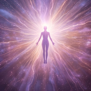 May include: A silhouette of a person with arms outstretched, radiating light and energy. The figure is centered against a backdrop of swirling purples, pinks, and golds, evoking a sense of cosmic connection and spiritual awakening.