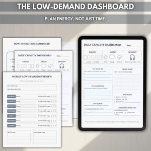 May include: A digital tablet and several sheets of paper with the text "THE LOW-DEMAND DASHBOARD" and "PLAN ENERGY, NOT JUST TIME." The tablet and papers feature daily and weekly planning templates for energy, mood, and sensory levels.