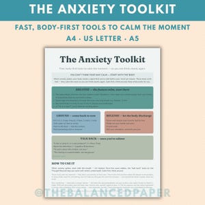 Puede incluir: Un documento imprimible titulado The Anxiety Toolkit, que incluye secciones sobre respiración, conexión a tierra, liberación y reflexión. El diseño presenta instrucciones textuales para calmar el cuerpo en cuadros organizados y coloridos.