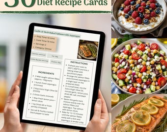 30 Mediterranean Diet Recipe Cards Printable, Healthy Digital Recipe Book, Easy Mediterranean Meals PDF, Healthy Meal Prep Planner