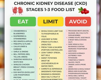 Chronic Kidney Disease Food List PDF, CKD Stage 1-3 Diet Cheat Sheet, Low Potassium Grocery Printable, Low Phosphorus Renal Food Chart
