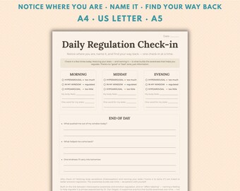 Daily Nervous System Check-in | Regulation Tracker Printable, Window of Tolerance Daily Practice, Trauma-Informed PDF