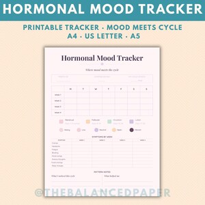 May include: A printable Hormonal Mood Tracker document featuring a weekly calendar grid, symptom tracking sections, and colour-coded keys for cycle phases and moods. The page includes headers for month, cycle length, and pattern notes in a clean layout.