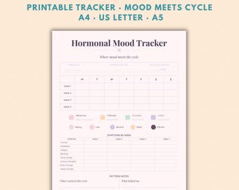 May include: A printable Hormonal Mood Tracker document featuring a weekly calendar grid, symptom tracking sections, and colour-coded keys for cycle phases and moods. The page includes headers for month, cycle length, and pattern notes in a clean layout.