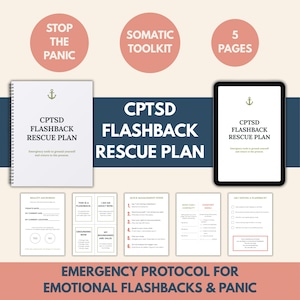 May include: A digital and printed CPTD Flashback Rescue Plan, designed to help ground yourself and return to the present. The plan includes a spiral-bound booklet, a tablet display, and several worksheets. The text includes "Stop the Panic" and "Emergency Protocol".
