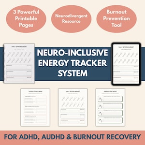 May include: A digital and printed neuro-inclusive energy tracker system for ADHD, AUDHD, and burnout recovery. The image shows a tablet and printed pages with the text "Daily Spoon Budget", "The Recovery Menu", and "Energy Leak Audit".