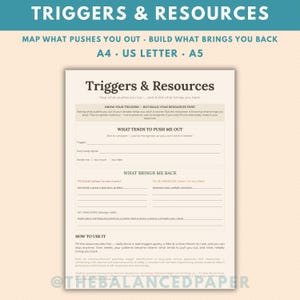 May include: A printable worksheet titled Triggers & Resources with sections for mapping personal triggers and grounding resources. The document includes fields for A4, US Letter, and A5 sizes, featuring text prompts to identify what pushes you out and what brings you back to a calm or re-energized state.